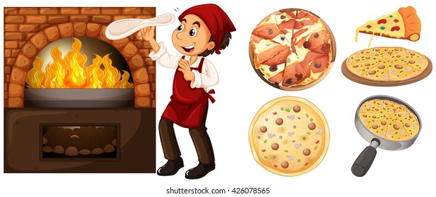 Chef making pizza at hot stove illustration