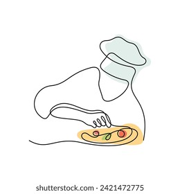 Chef making pizza one line vector illustration
