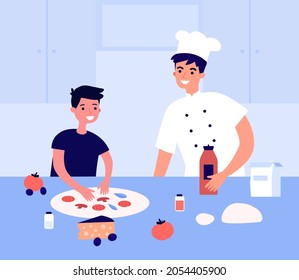 Küchenchef macht Pizza mit kleinen Kindern. Kochen Sie die italienische traditionelle Küche mit Kind im Restaurant zusammen. Kindertutorial, Klasse. Hobby-Aktivität. Cartoon, Vektorgrafik.
