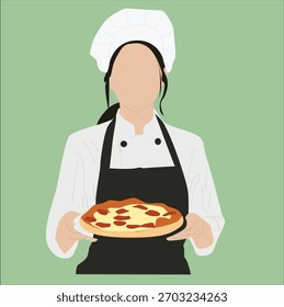 chef fazendo pizza.cook com expressão feliz, pizza e cachecol vermelho e chapéu branco. 