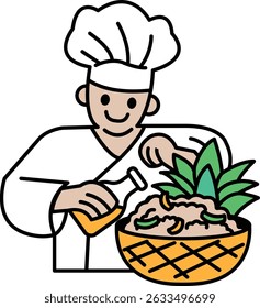 A chef is making a salad with a pineapple in a bowl. The chef is smiling and he is enjoying the process of making the salad