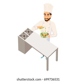Chef making salad. Restaurant cooking. Cook in uniform preparing food in hotel. Professional master