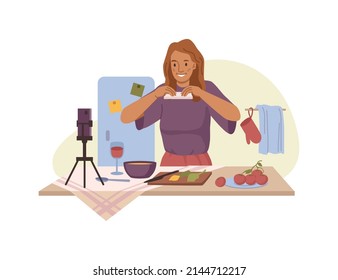 Chef making shooting video for cooking blog, preparing food and sharing recipes for followers. Vector flat cartoon character taking pictures of dishes, female personage with ingredients for meal