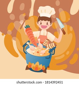 Chef is Making Tasty Chicken Stock with Happiness, Vector, Illustrator