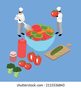 Chef making vegetable salad isometric 3d vector concept for banner, website, illustration, landing page, flyer, etc.