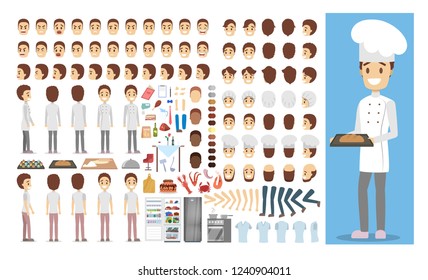 Chef male character in uniform set or kit for animation with various views, hairstyle, emotion, pose and gesture. Different equipment for cook and food. Isolated flat vector illustration