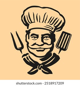 Chef, male cook with bbq tools logo. Grill food, barbecue restaurant emblem or badge. Vector illustration