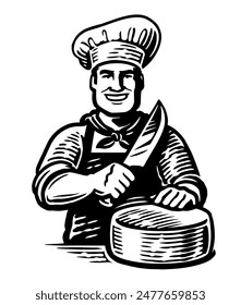 Chef, male cook with knife and cheese. Organic farm dairy product emblem or logo. Vector illustration