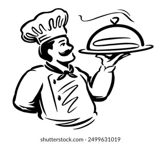 Chef male cook in uniform holding restaurant cloche. Emblem or logo design. Vector illustration for cafe menu