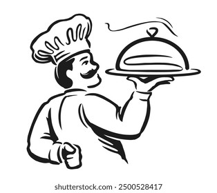 Chef male cook in uniform holding restaurant cloche. Emblem or logo design. Vector illustration for cafe menu