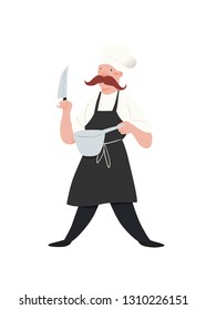 Chef. Man in apron and the chefs hat. Employee of kitchen with moustaches, knife and pan in standing pose.  Character illustration isolated on white. People vector illustration in a flat style.