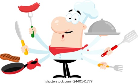 Chef Man Cartoon Charakter Multitasking in der Küche. Vektor-Illustration flaches Design isoliert auf transparentem Hintergrund