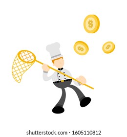 Chef man catch gold coin money dollar cartoon doodle flat design style vector illustration
