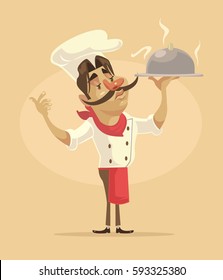 Chef man character hold dish. Vector flat cartoon illustration