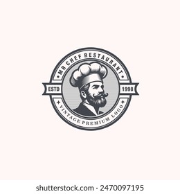 chef hombre, cocinero, restaurante vintage insignia emblema logo Ilustración vectorial