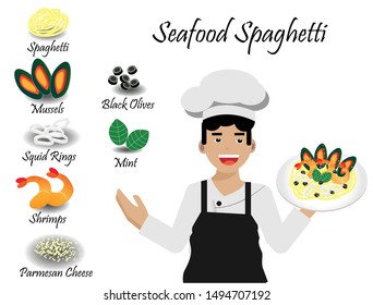 Chef man in cook uniform demonstrated  his cooking, a seafood spaghetti on white plate  with each ingredients aside. Isolated in white background.  Vector Illustration