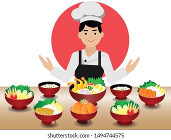 Chef man in cook uniform showing his asian cooking foods, Japanese seafood ramen noodles, salmon over rice, salad and tofu miso soup in bowl. Isolated in white background. Vector Illustration