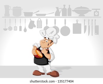 Chef man cooking delicious meal in restaurant kitchen. Gourmet food.