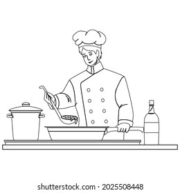 Chef Man Cooking On Restaurant Kitchen Black Line Pencil Drawing Vector. Chef Guy Preparing Delicious Dish. Cooker Wearing Professional Suit And Hat Cook Delicacy Meal Food In Kitchenware Illustration