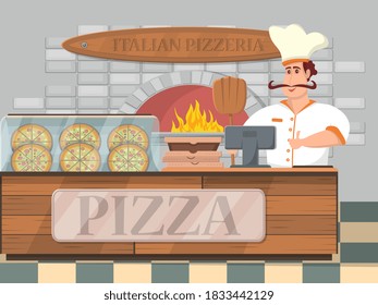 Chef man cooking pizza in pizzeria kitchen. Person in uniform standing at brick oven and pizzeria counter. Italian pizza food restaurant interior vector illustration