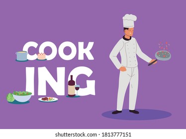 chef man cooking with premium ingredients vector illustration design