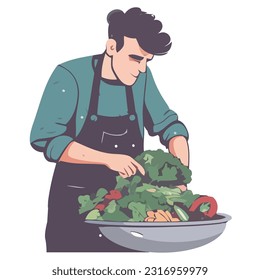 El chef, un hombre, está cortando verduras frescas aisladas