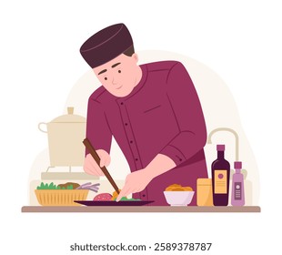 Chef Man Decorating Food for Fine Dinning Dish for Cooking and Culinary Concept Illustration