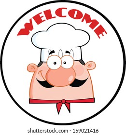 Chef Man Face Cartoon Circle Label. Vector Illustration 