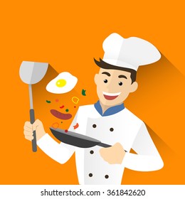 Chef man flying pan.Cute Character vector illustration.