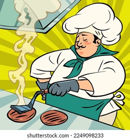 chef man frying cutlets for burger, fast food restaurant street cooking