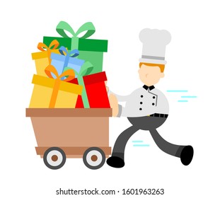 Chef man and gift box cart cartoon doodle flat design style vector illustration