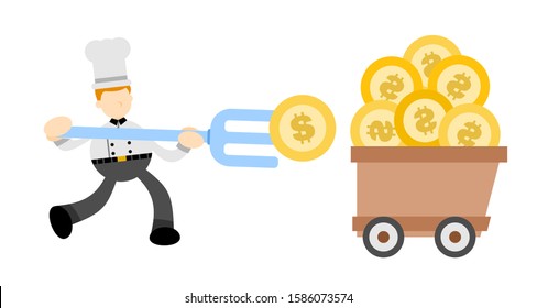 Chef man and gold dollar money cart cartoon doodle flat design style vector illustration