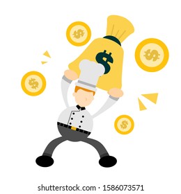Chef man and gold money bag dollar cartoon doodle flat design style vector illustration