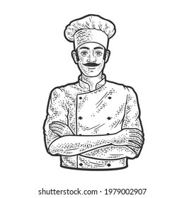 chef man in chef hat toque line art sketch engraving vector illustration. T-shirt apparel print design. Scratch board imitation. Black and white hand drawn image.