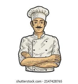 chef man in chef hat toque line art color sketch engraving vector illustration. T-shirt apparel print design. Scratch board imitation. Black and white hand drawn image.