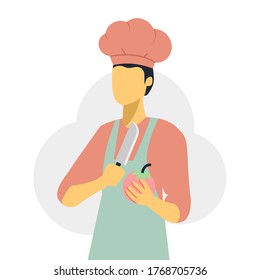 Chef man is holding knife and fruit. Chef man is cooking