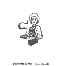 Chef man holding meat dish silhouette vector illustration. Butcher shop graphics isolated on white background.