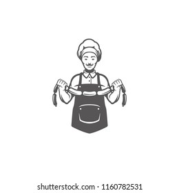 Chef man holding meat sausages silhouette vector illustration. Butcher shop graphics isolated on white background.