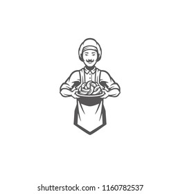 Chef man holding meat sausages silhouette vector illustration. Butcher shop graphics isolated on white background.