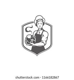 Chef man holding meat steak silhouette vector illustration. Butcher shop graphics isolated on white background.