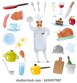 Chef man with kitchen and restaurant accessories for cooking. Isolated objects in flat cartoon style on white background. Set of kitchen things and products. Vector