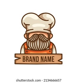 Chef Man With Mustache and Beard Wearing Hat Illustration Logo