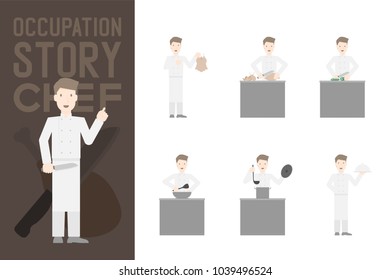 Chef man presentation Chicken Cooking Step by step concept design in kitchen illustration isolated on white background with copy space, vector eps 10
