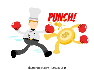 chef man punch money coin dollar cartoon doodle flat design style vector illustration