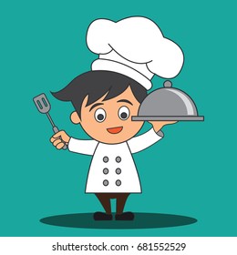 chef man with the toque holding a dish ready to serve. cartoon character. vector illustration