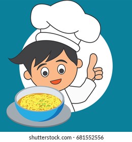 chef man with the toque holding a dish ready to serve. cartoon character. vector illustration