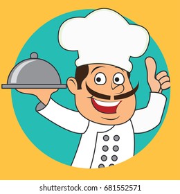 chef man with the toque holding a dish ready to serve. cartoon character. vector illustration