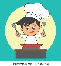 chef man with the toque holding kitchen utensil ready to cook. cartoon character. vector illustration