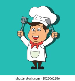 chef man with the toque holding kitchen utensil ready to cook. cartoon character. vector illustration