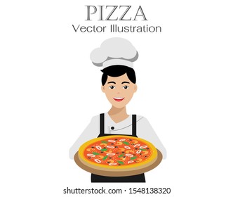 Chef man in uniform with smiling face proudly presenting his cooking, seafood pizza. Isolated on white background. Vector Illustration.